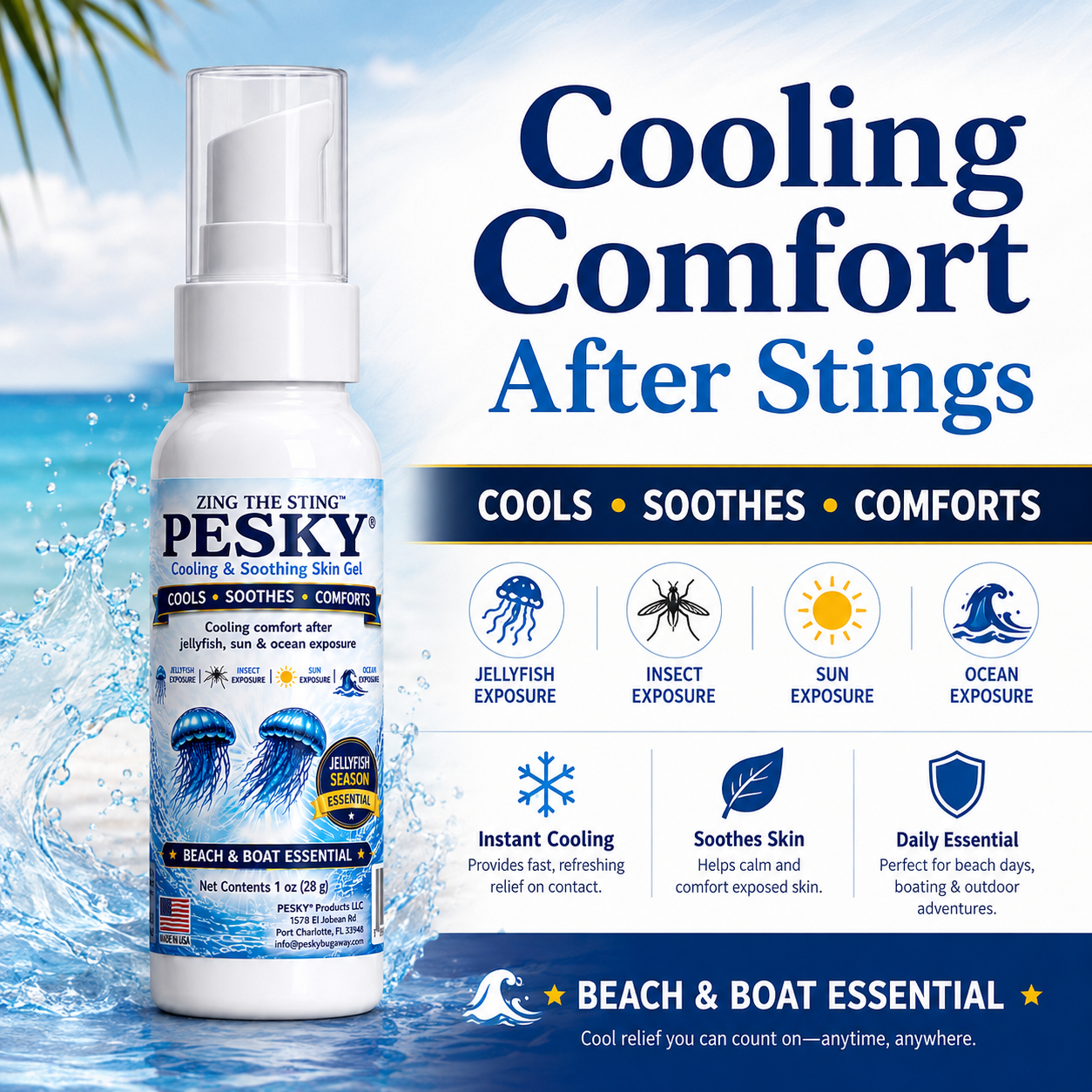 PESKY® Zing the Sting - Cooling Comfort After Stings for beach days, boating, camping, and outdoor travel
