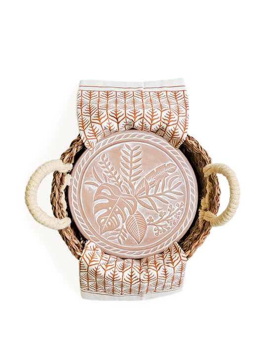 Bread Warmer & Basket Gift Set with Tea Towel - Plant Round