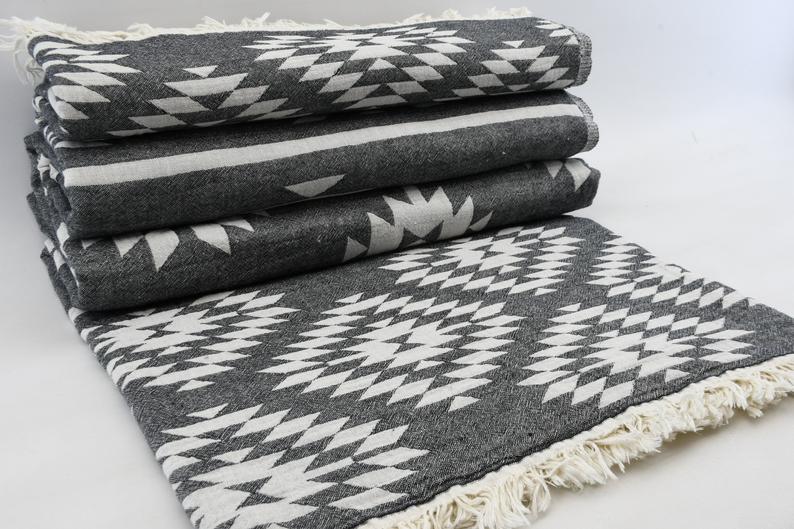 Black Aztec Turkish Towel – Lightweight Quick Dry Beach Towel, Boho Bathroom Decor, Turkish Cotton Bath Towel, Travel & Picnic Blanket
