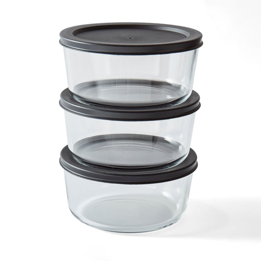 6 Piece Set (4 Cup / 32Oz) Round Glass Storage Containers With Lids, Black