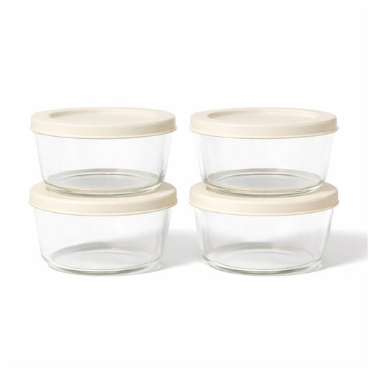 8 Piece Set (1 Cup / 8Oz) Round Glass Storage Containers With Lids, Warm Beige