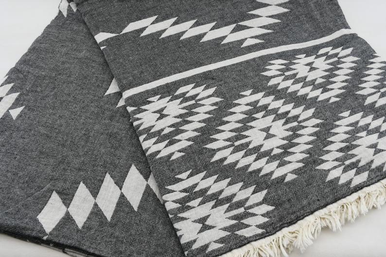 Black Aztec Turkish Towel – Lightweight Quick Dry Beach Towel, Boho Bathroom Decor, Turkish Cotton Bath Towel, Travel & Picnic Blanket