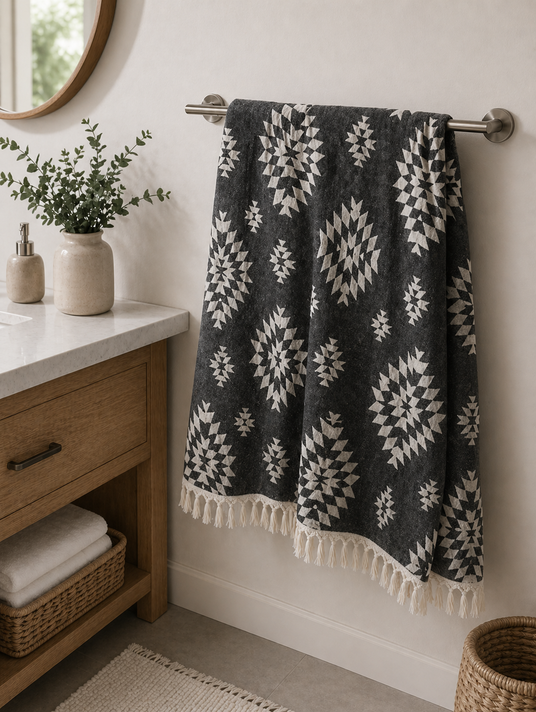 Black Aztec Turkish Towel – Lightweight Quick Dry Beach Towel, Boho Bathroom Decor, Turkish Cotton Bath Towel, Travel & Picnic Blanket